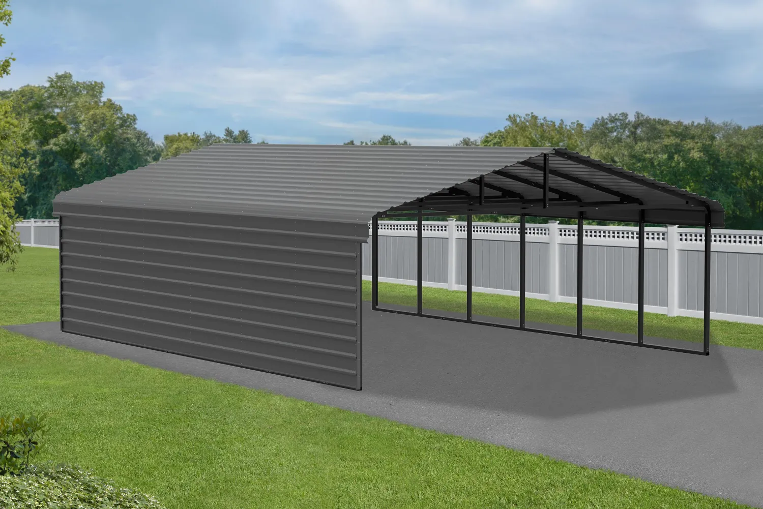 Arrow Atv|Golf Cart-15 x 10 x 7 ft Charcoal Carport with 2-sided Enclosure