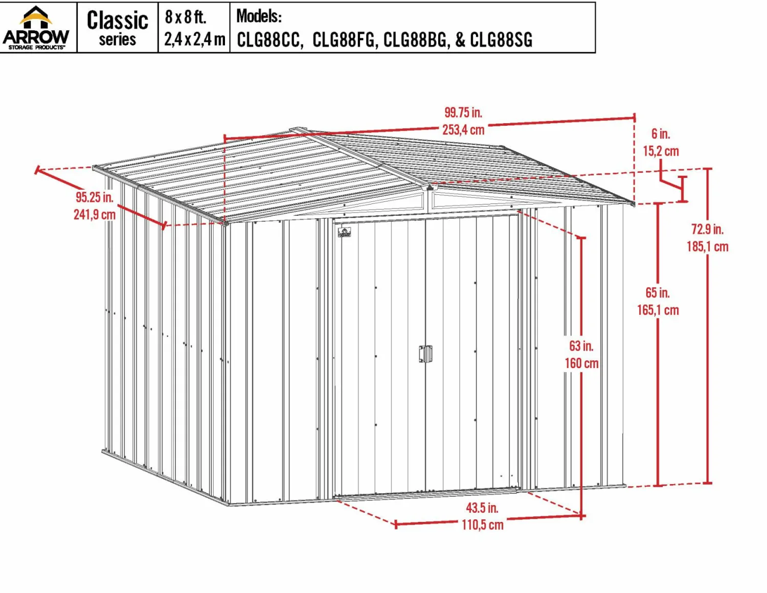 Arrow Metal Sheds-8 x 8 x 6 ft Light Grey Shed