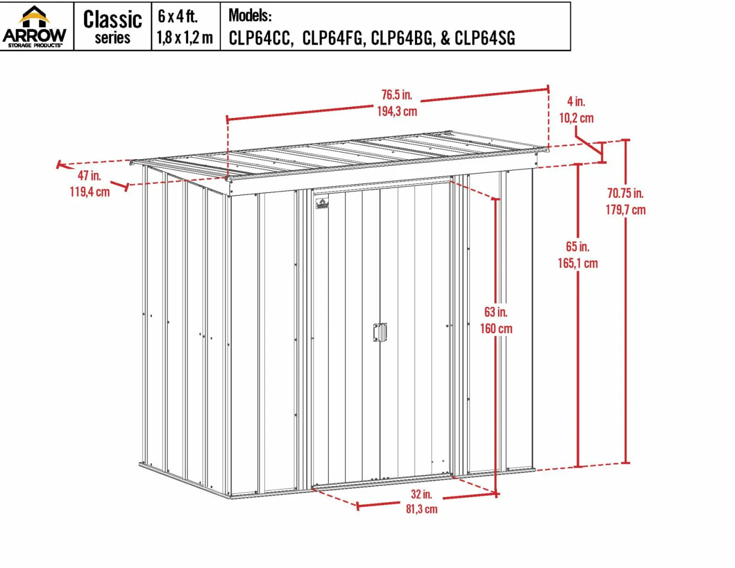 Arrow Metal Sheds-6 x 4 x 6 ft Light Grey Shed