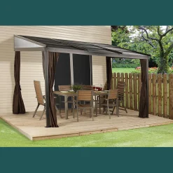 Sojag Wall-Mounted Gazebos-Francfort Wall-Mounted Hardtop Gazebo, 10 ft. x 12 ft. Dark Brown