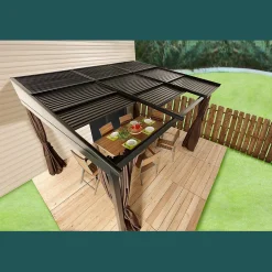 Sojag Wall-Mounted Gazebos-Francfort Wall-Mounted Hardtop Gazebo, 10 ft. x 12 ft. Dark Brown