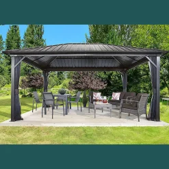 Sojag Hard-Top Gazebos-Genova Hardtop Gazebo, 12 ft. x 16 ft. Dark Brown