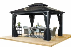 Sojag Hard-Top Gazebos-Kiana 10 x 12 x 9.5 ft Black Double Roof Aluminum Frame Gazebo With Netting